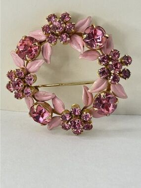 Pink Floral Crystal Wreath Brooch with Gold Tone Accents